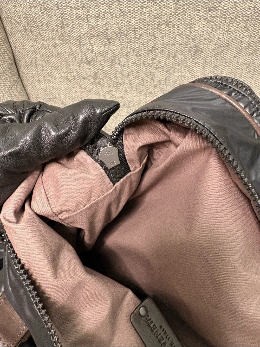 Bottega Veneta Unisex Black Nylon Briefcase Tote with Brown Leather Straps